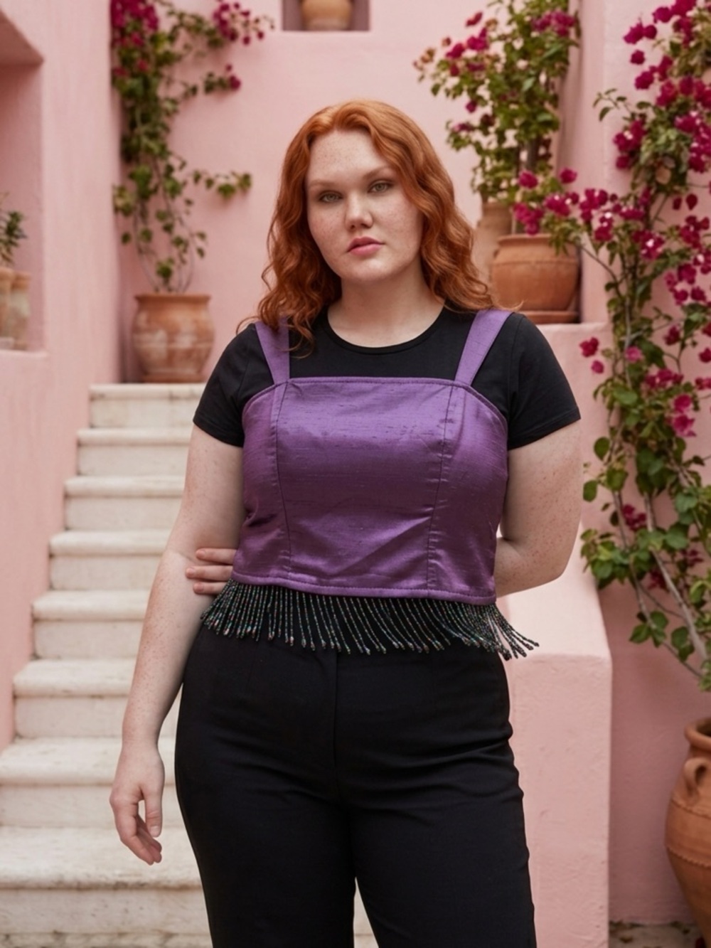 Purple Beaded Fringe Cropped Tank Top